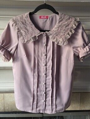 Vintage Y2K MA*RS amoebamars Pink Lace Collar Pearl Button Blouse Size M